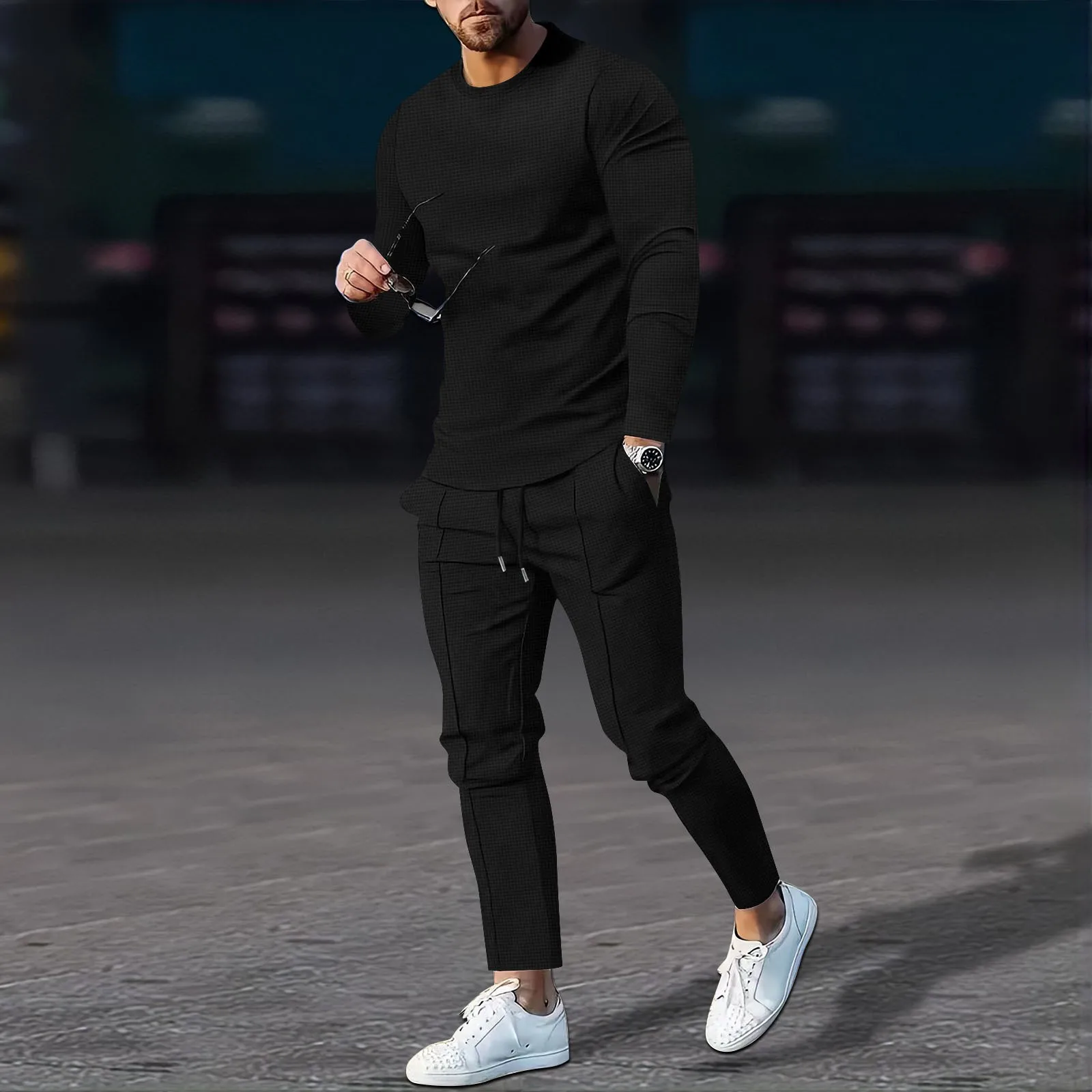 

Spring and autumn new men's versatile solid-color waffle round-neck T-shirt, long-sleeved and long pants set