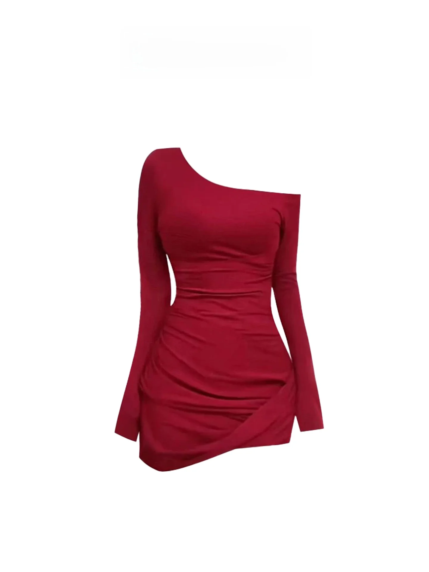 

Red Asymmetrical Shoulder Dress Women's Sexy Slimming Bodycon Skirt HEZA plus Size French Style Long Sleeve Short Dress