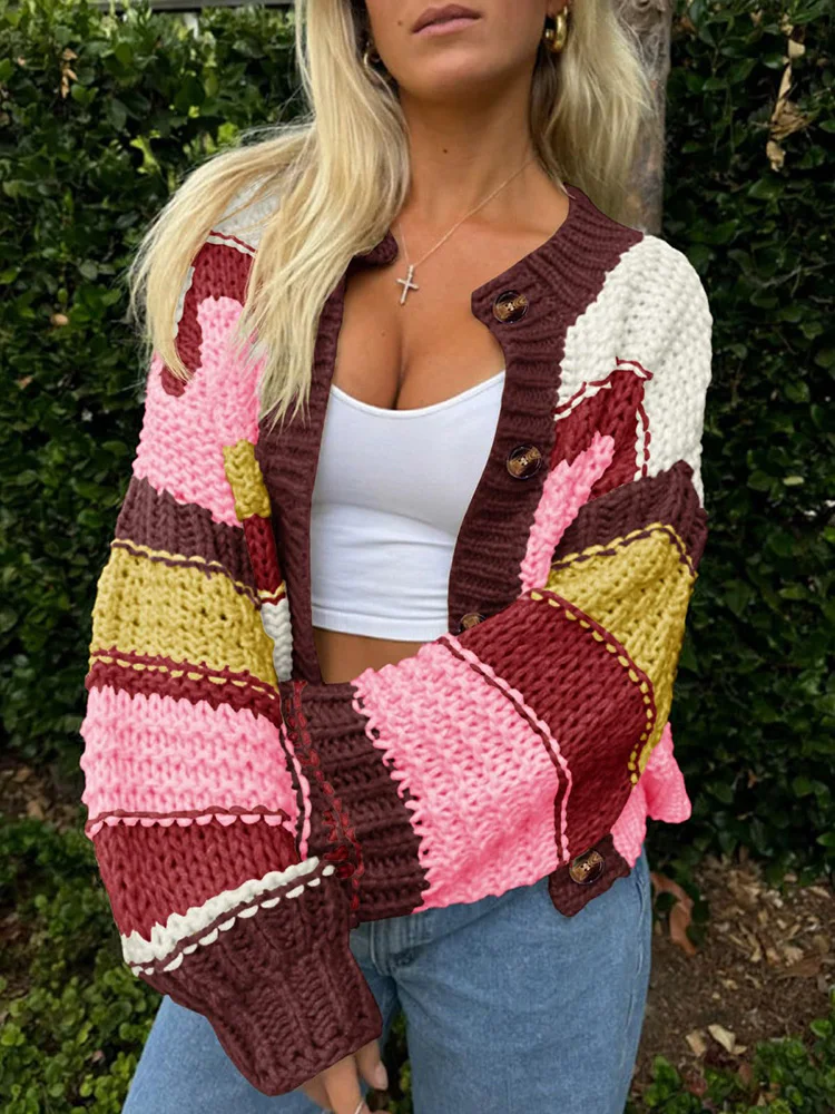 

Fall Winter Striped Print Warm Thick Sweater Woman Fashion Single Breasted Patchwork Knitted Top Coat Casual O Neck Loose Jumper
