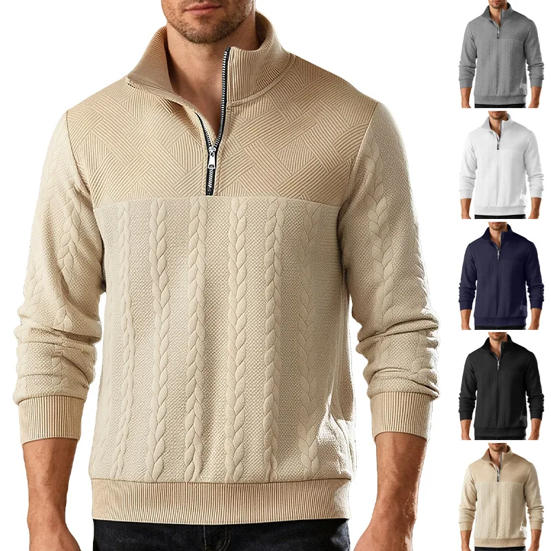 Sweater men 2026 casual retro casual stand-up collar zipper loose knitted jacquard long-sleeved pullover men's clothing
