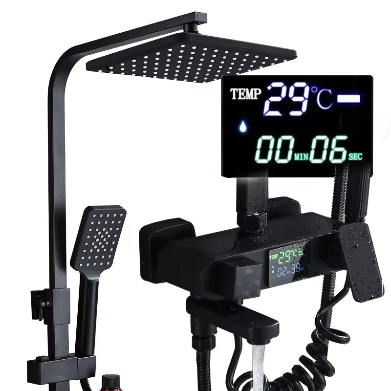 

Black Bath&shower Faucets and Handheld Spray Bathroom Brass Rainfall Shower Faucet with Temperature Display Shower Set System