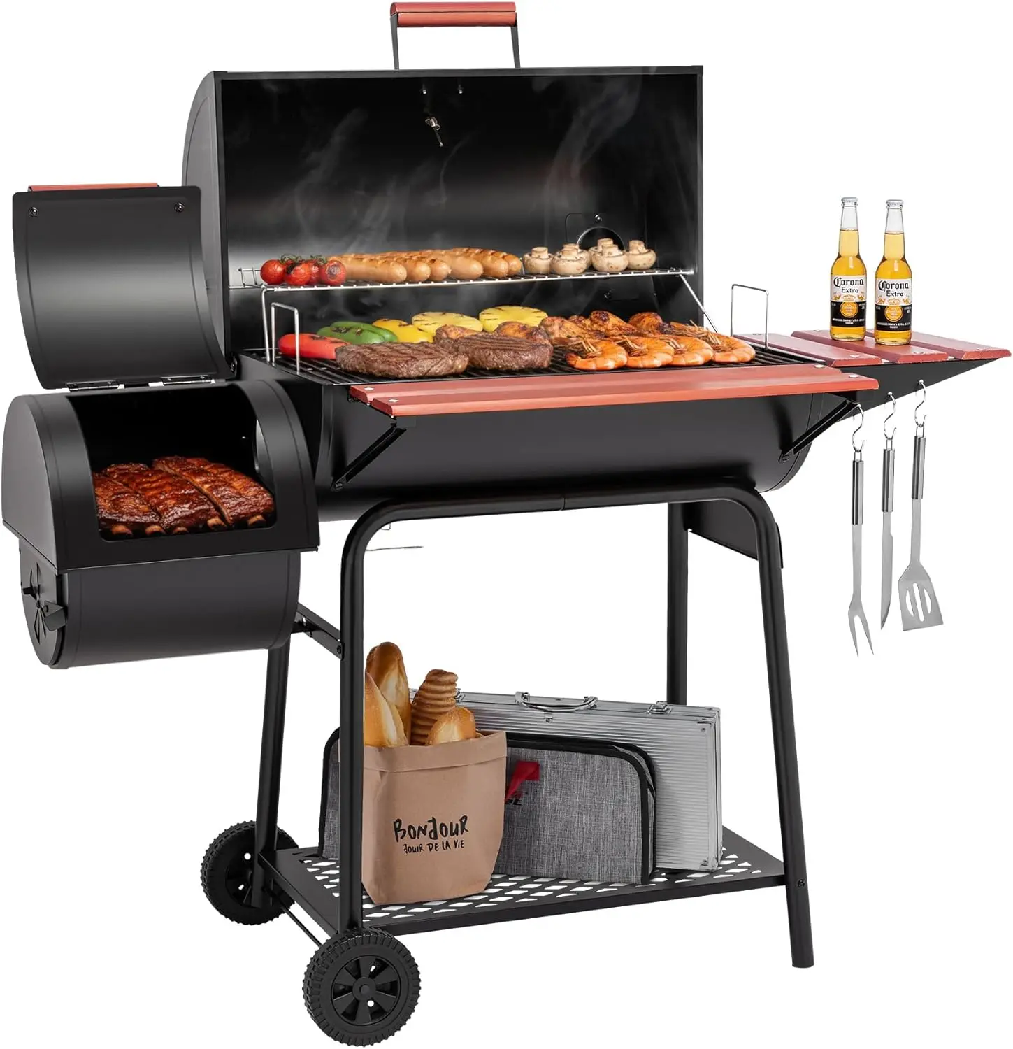 Outdoor Barbecue Event: Black Charcoal Grill with Offset Smoker, Wood-Painted Side Table and 811 Sq. In. Cooking Area