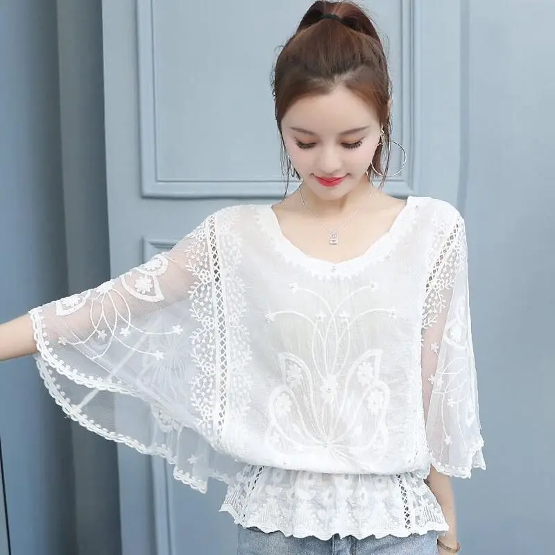 Women 2025 Summer Lace Blouses Shirt White Black Casual O Neck Batwing Sleeve Tops Ladies Elegant Blouse Blusas Mujer De Moda