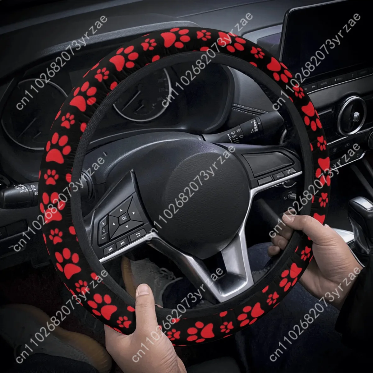 

Red Paw Prints Car Steering Wheel Cover Universal Type Environmental Friendly Comfortablenon-slip Breathable Steering Wheel Wrap