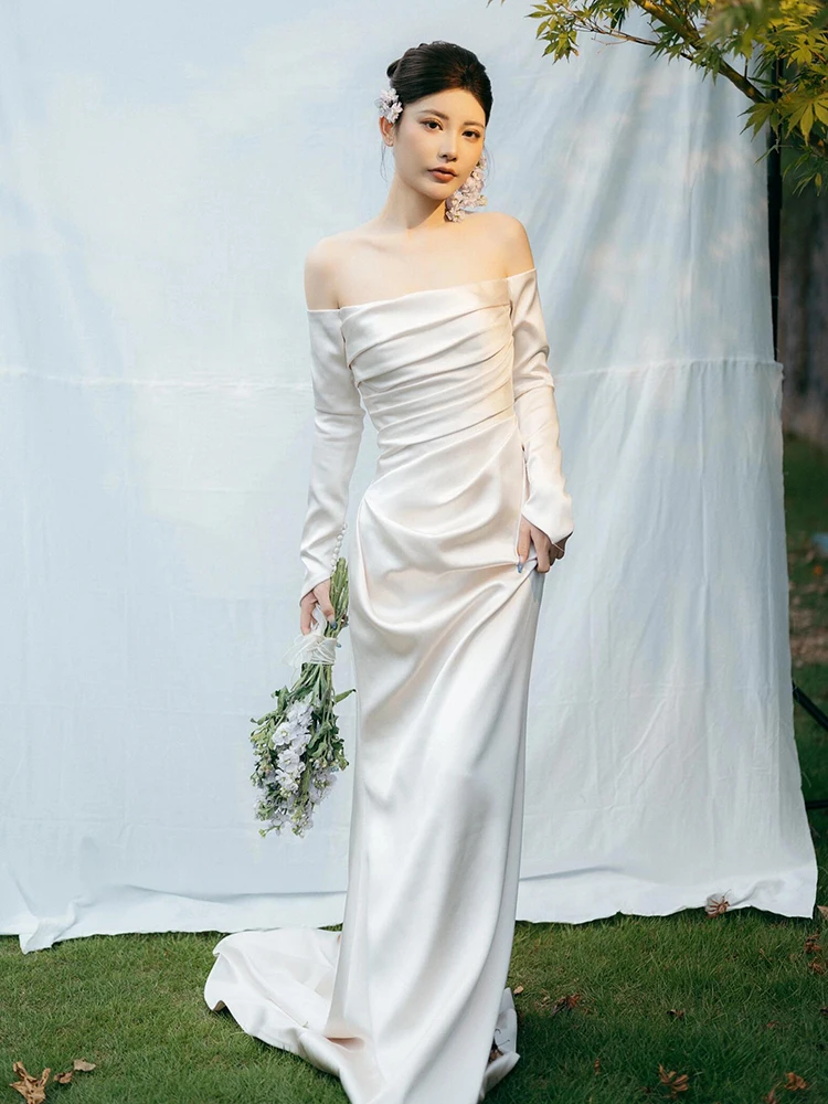 

Элегантное зимнее свадебное платье с длинным рукавом из легкого атласа, на одно плечо, фасон «русалка», белое, для использования в отелях и на мероприятиях в помещении