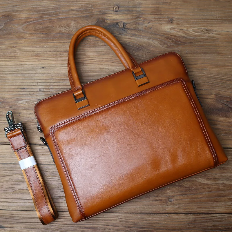 Nzpj Vintage Echt leder Herren Aktentasche natürliche Rindsleder horizontale Handtasche Business Umhängetasche lässige Computer tasche – Detail 9
