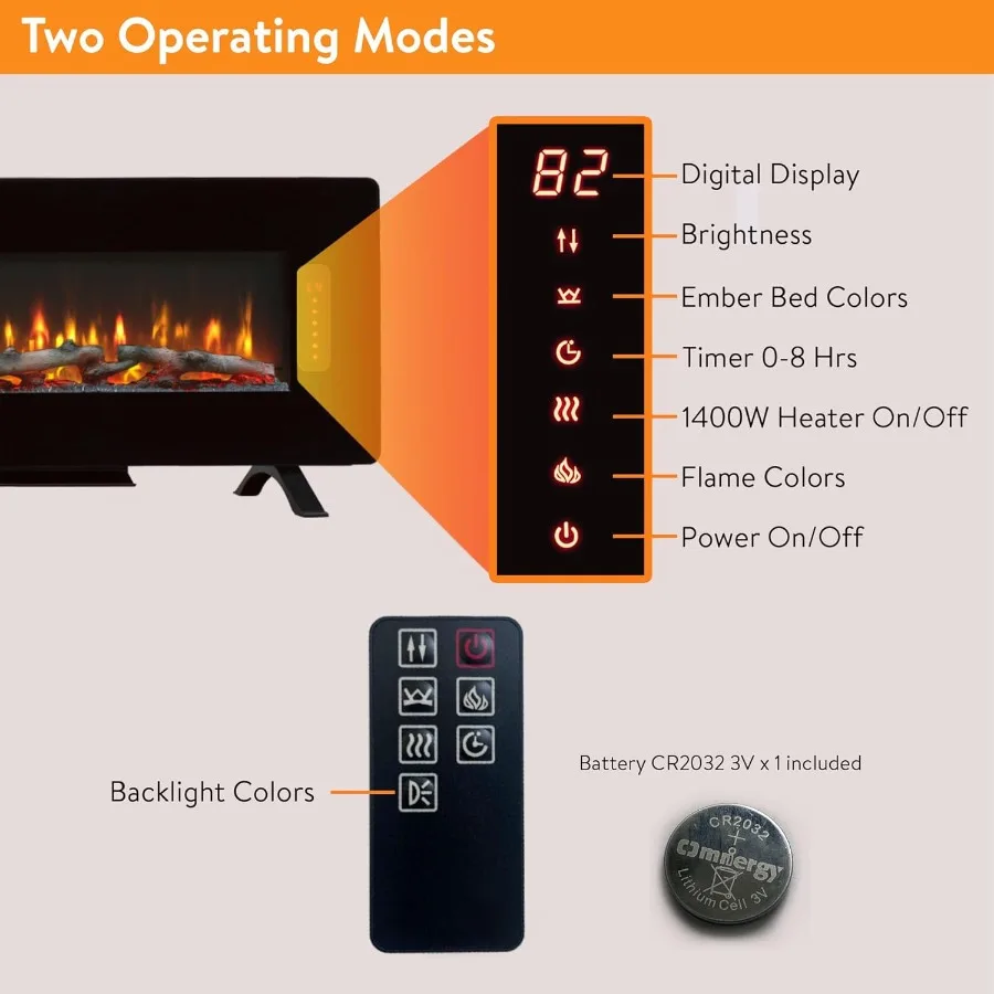 48 Stufa per camino elettrico in vetro curvo con retroilluminazione per soggiorno, montaggio a parete o design da tavolo, fiamma regolabile ed E