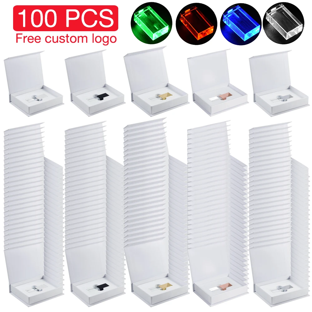 100PCS Lot Free Custom Logo USB Flash Drive Memory Stick Wholesale LED Light Crystal Pen Drive Storage Device Pendrive 128GB 64G