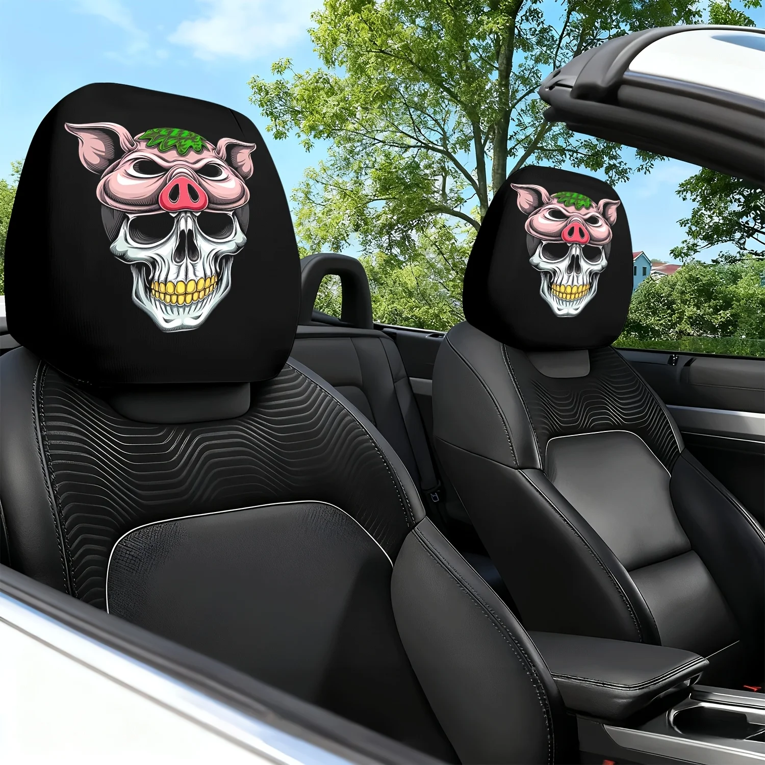 Pig Skull Golden Teeth Green Leaves Print Car Headrest Covers, Breathable & Dust-Proof, Quirky Car Atmosphere Headrest Covers