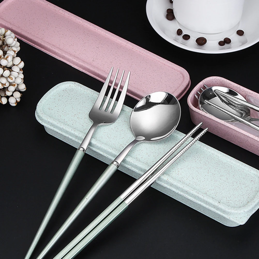 

3 Pcs Stainless Steel Cutlery Set Serving Utensils Reusable Camping Travel with Case Silverware