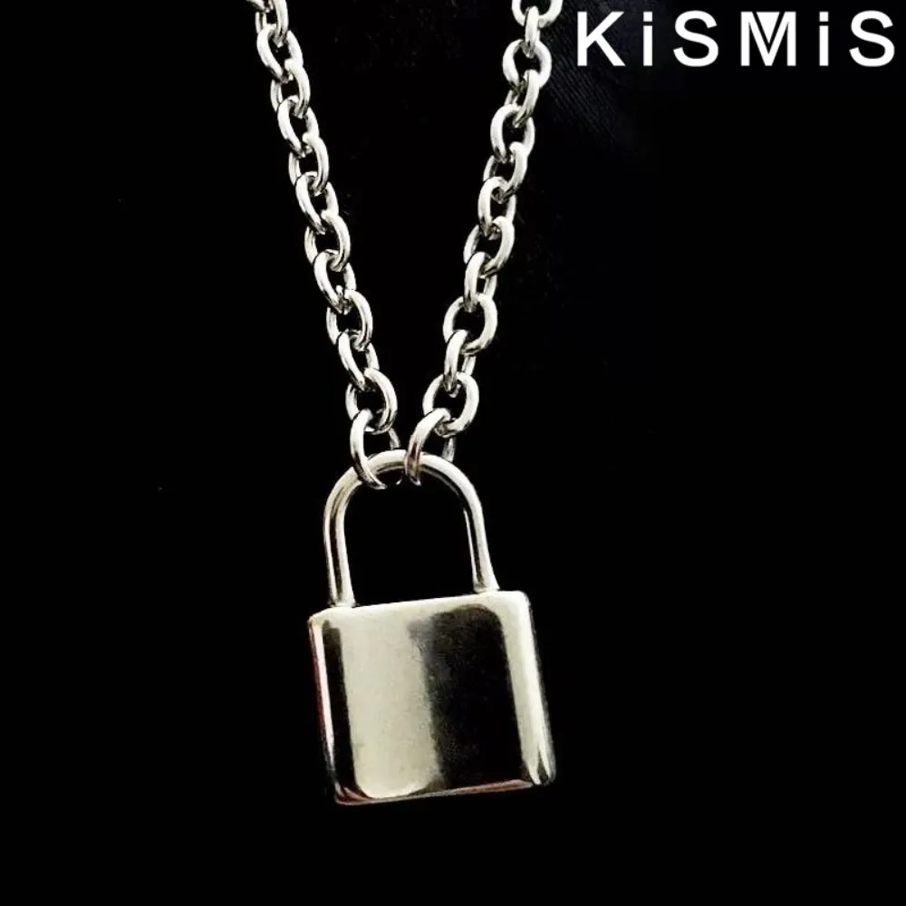 KISMIS 1PC Stainless Steel Silver Color PadLock Pendant Necklaces Link Chain Lock Necklaces Collar for Women Men Punk Jewelry