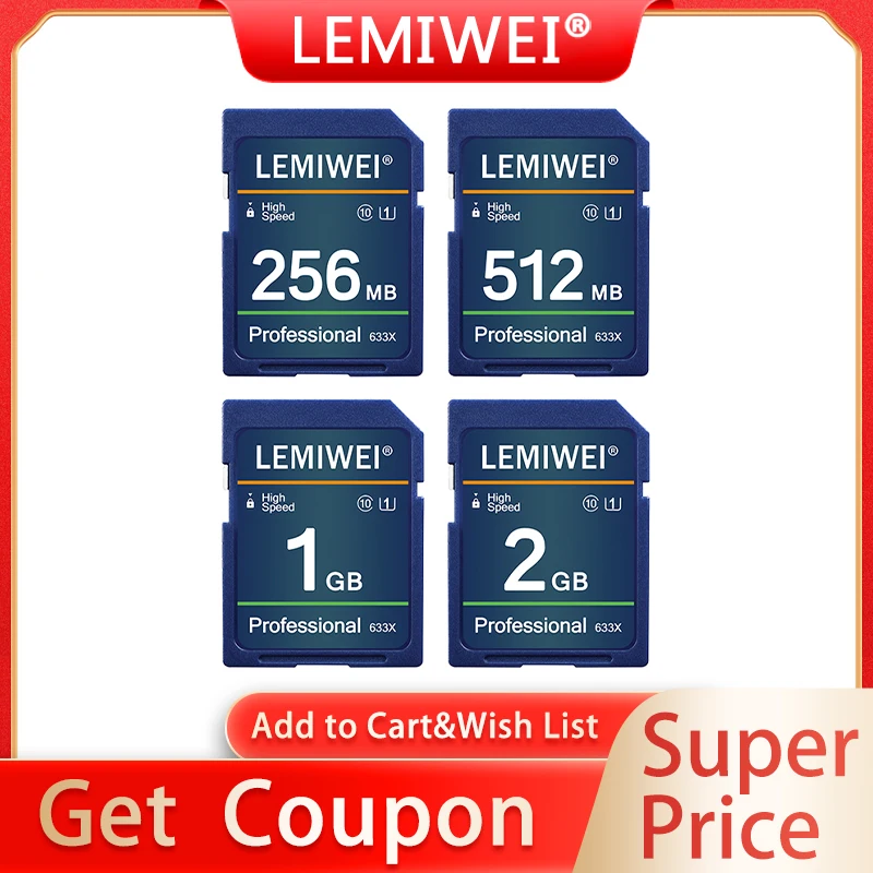 بطاقة ذاكرة الكاميرا SD 256 ميجابايت 512 ميجابايت 1 جيجابايت 2 جيجابايت فئة 10 عالية السرعة UHS-I بطاقة تخزين احترافية 633x بطاقة ذاكرة U1 Lemiwei