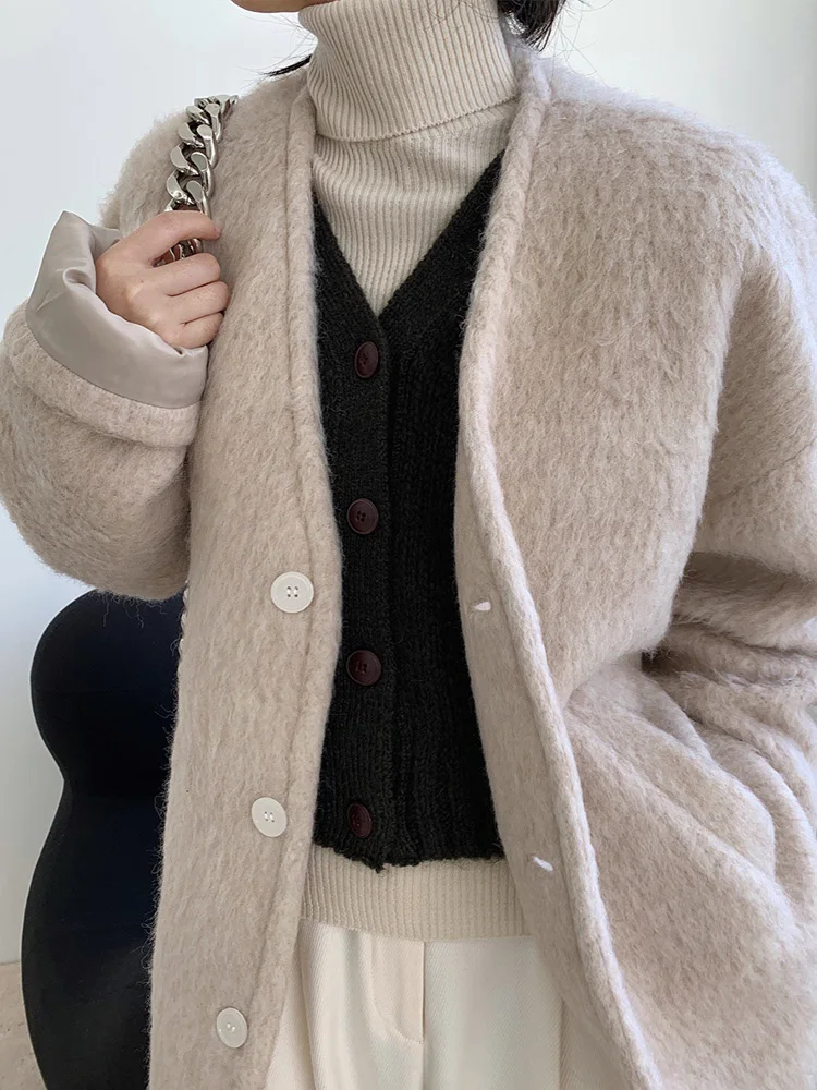 Women Mohair Wool Coat 2024 Winter Ladies Korean Fashion V-neck Streetwear Fleece Jacket High Quality Warmer Thick Overcoat