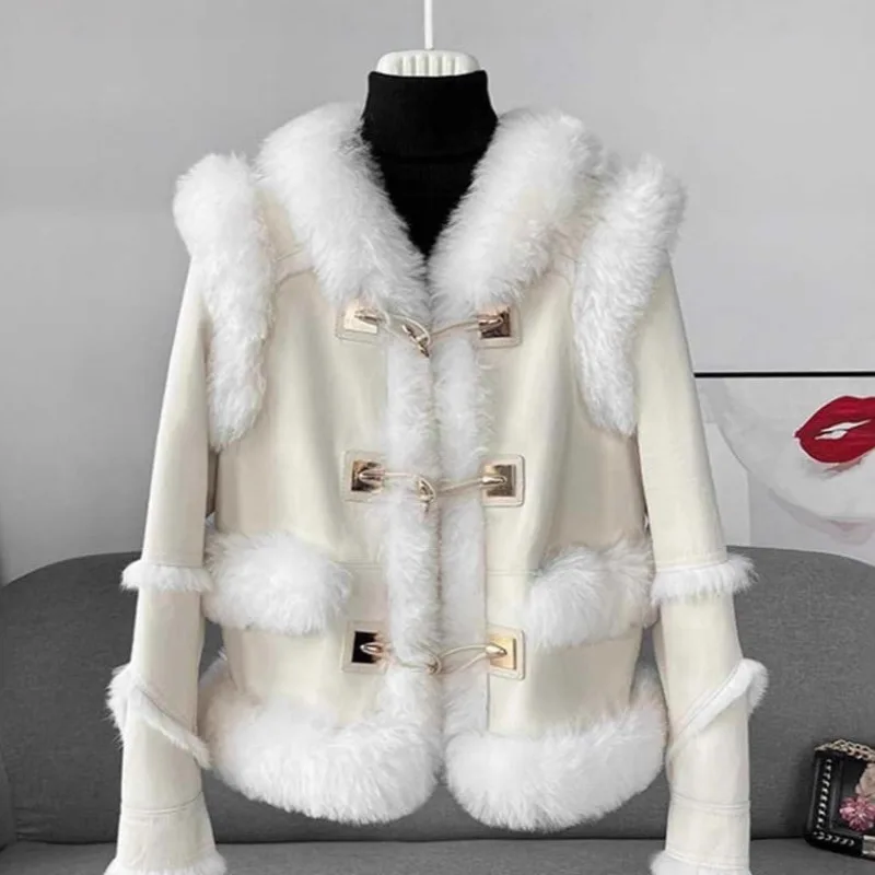 HKSH 가을 겨울 신상 여성용 짧은 인조 모피 코트 대비 색상 싱글 브레스티드 우아한 기품 럭셔리 인스 아우터웨어 HK12966