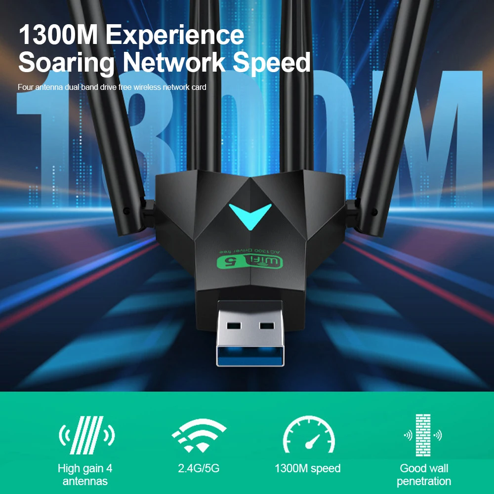 PC 노트북용 USB 3.0 와이파이 어댑터, 듀얼 밴드 무선 와이파이 동글, 4 안테나 이더넷 네트워크 카드 리시버, 1300Mbps, 2.4Ghz, 5Ghz