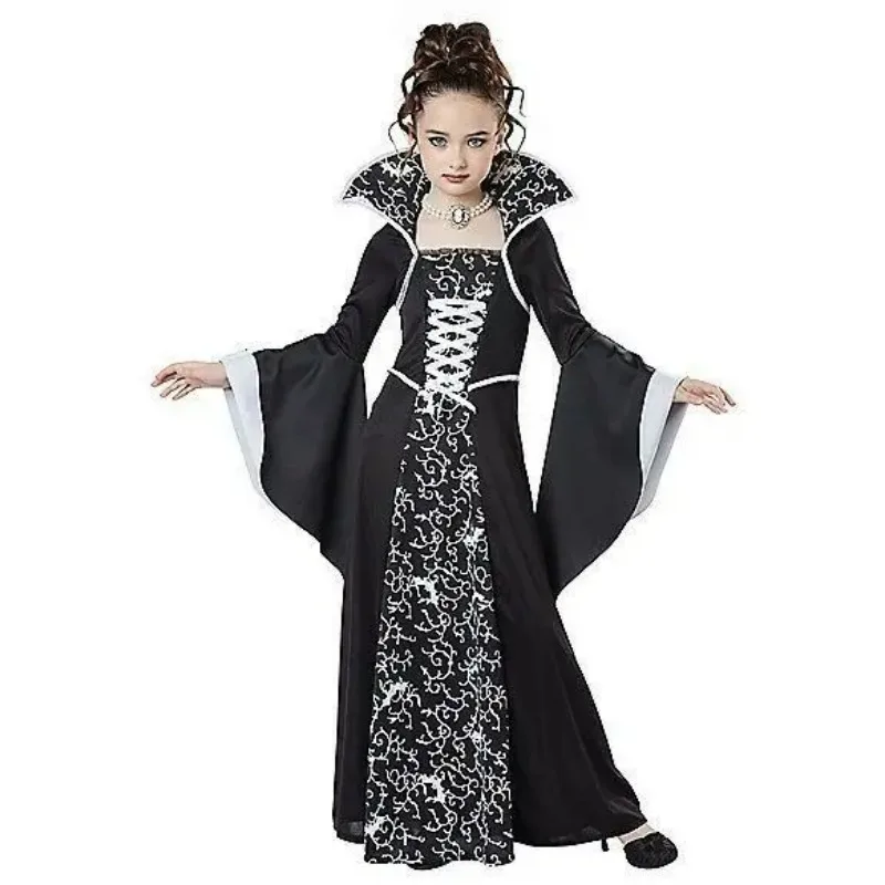 Abiti da strega per bambini Halloween medievale retrò in pizzo colletto rialzato vestiti per ragazza abito a maniche lunghe stampato cosplay ragazze