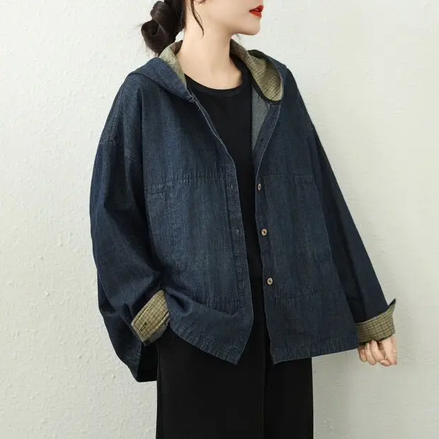 2025 spring new denim jacket casual fashion color contrast loose versatile hooded cardigan slimming top for women