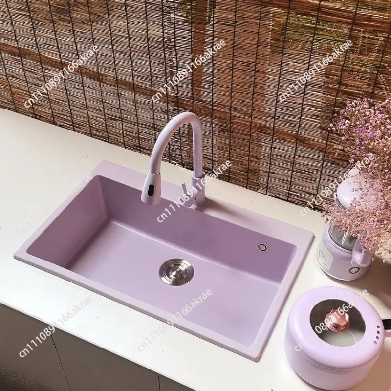for Taro purple quartz stone large single slot color kitchen sink hand seamless integration warm and soft feel silent.