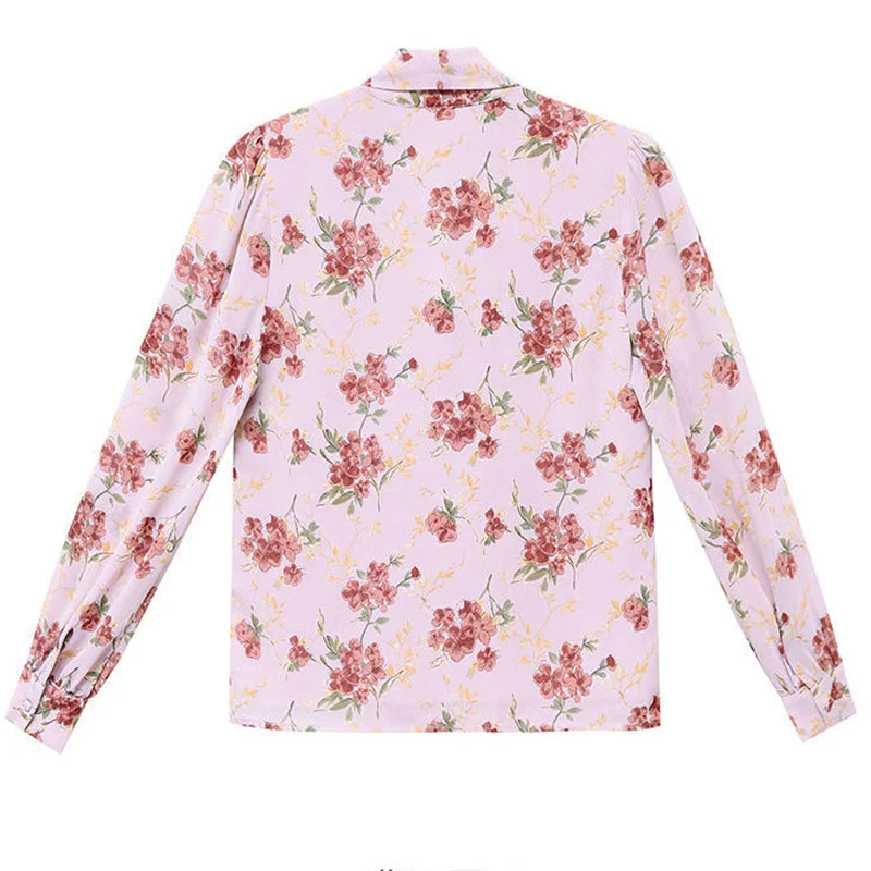 2023 Spring and Autumn New Chiffon Pullover Shirt Scarf Collar Bow Bandage Fragmented Floral Print Long Sleeve Loose Blouse