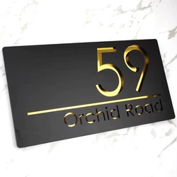 Personalised Laser Cut Acrylic Modern House Door 3D Number Sign Plaques Outdoor Street Family Name Plates Matte Black 28x15cm