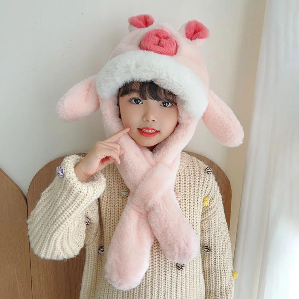 

Capybara Children's Hooded Scarf Windproof Integrated Design Ear Protection Hat Thickened Plush Animal Ears Hat for Girls