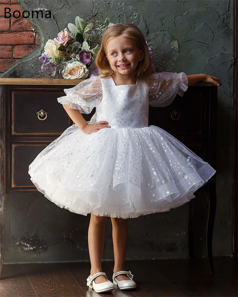 Booma Flowers Girl Abiti Tulle Manica corta Fiocco Abito da festa di nozze per bambini Abiti da ballo per ragazze personalizzati