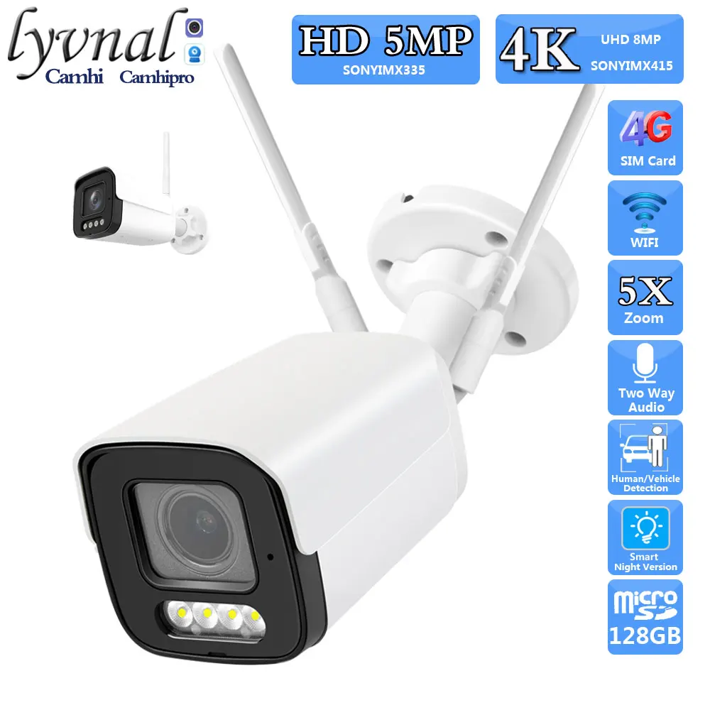 3G 4G SIM Card Sonyimx415 4K 8MP Wireless Security Bullet IP Camera Wifi 5X Zoom Two Way Audio Outdoor IR&Color Night Version