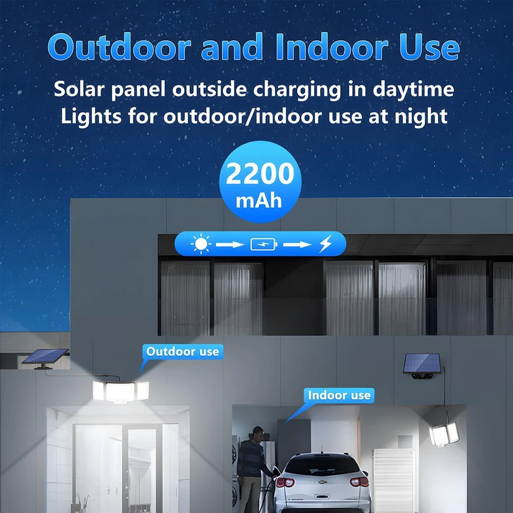 Sensor de movimento solar com sensor de luz externa IP65 à prova d'água holofote de 3 cabeças luz de segurança solar grande angular de 300 graus