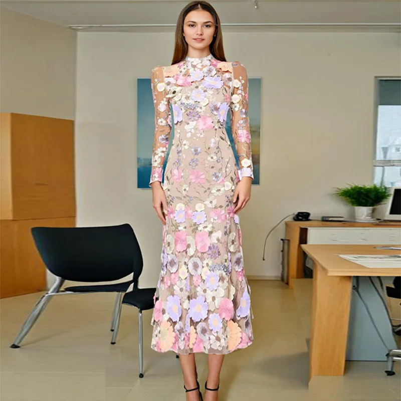 

Quality Elegant Design Summer Autumn Embroidery 3D Flower Lace Evening Wedding Dresses Women Long Sleeve Fishtail Party Dresses