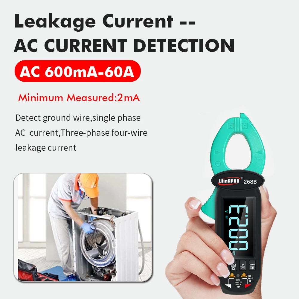 WINAPEX 750V DC AC Portable Clamp Meter AC DC Current Leakage Detection Screen Rotation for Household Circuit Fault Repair