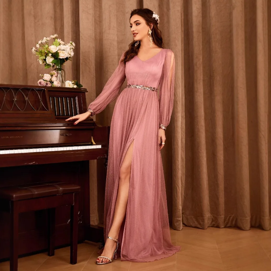 New V-neck Mesh Dress Long Sleeve Slit Host Dress Elegant Evening Dress for Women Medieval 2025 Summer Dress Robe Vestido Women