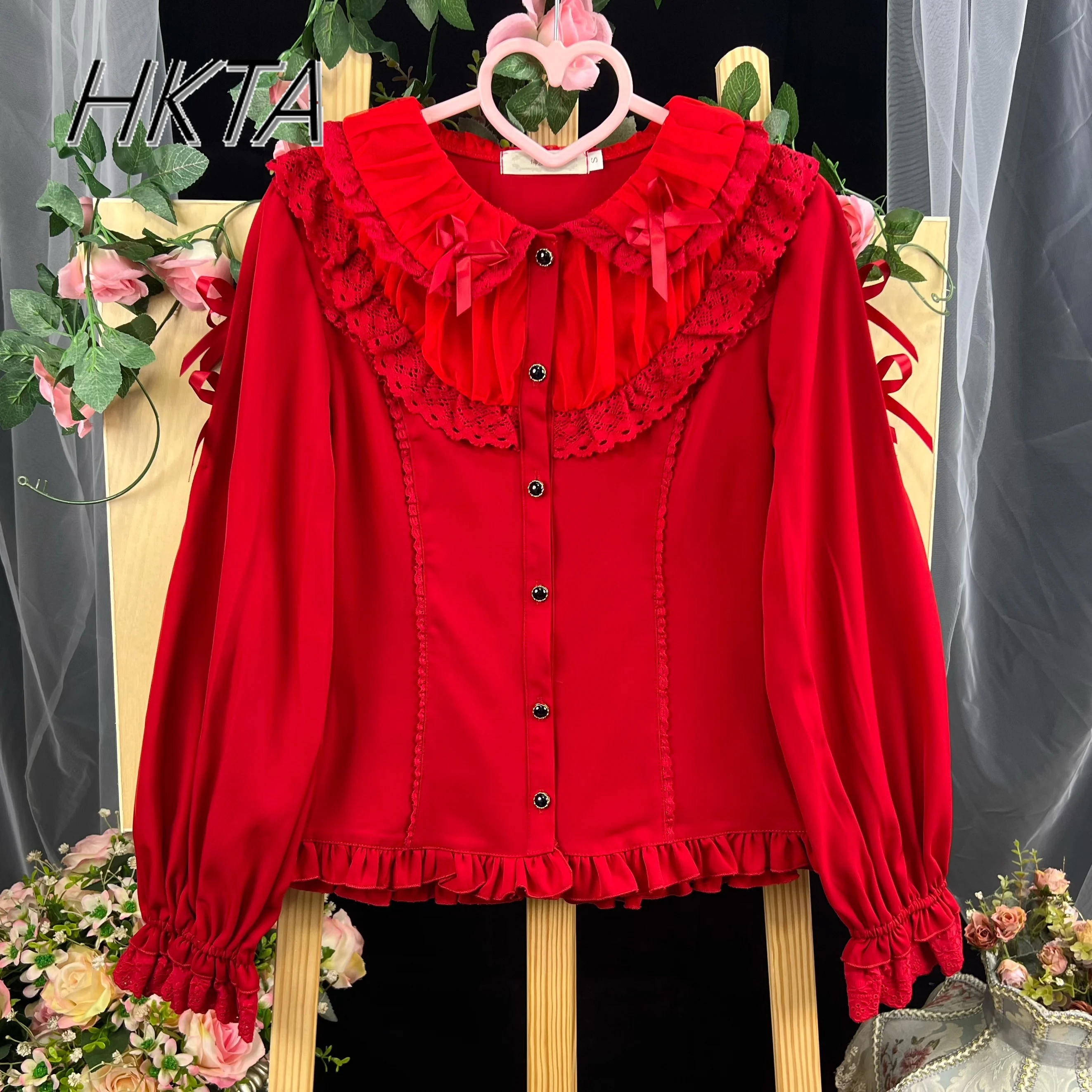 

Original Lolita Shirts Spring New Blouses Women Long Sleeve Cardigans Top Cute Lace Peter Pan Collar Red Princess Blouse Top