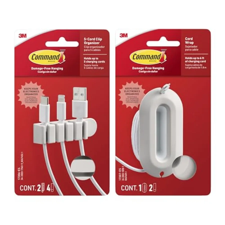 

5-Cord Clip Organizer and Wrap Bundle, 2 Clips, 1 Wrap and 6 Medium Strips,,Great for Damage-Free Electronics Organization Unde
