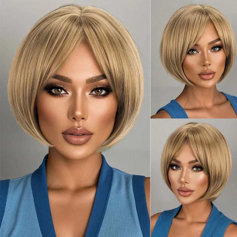 

European and American women's with side bangs, golden fluffy short straight bob wig made of high-temperature synthetic fiber