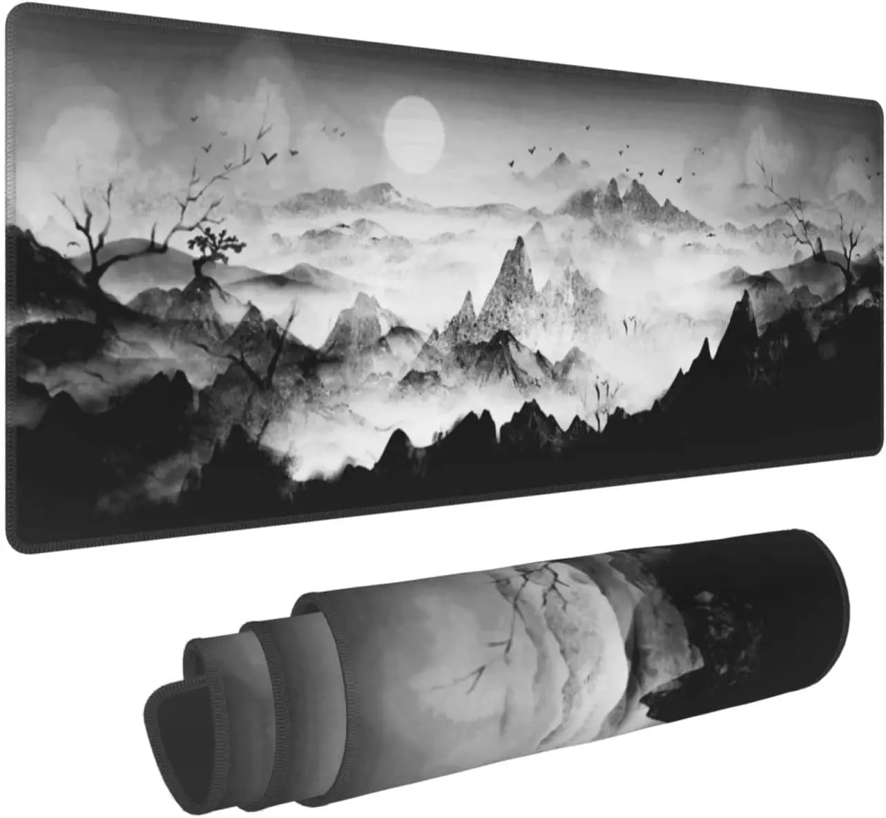 Chinese Painting Mountian Sunrise Landscape Gaming Mouse Pad Extended Large Mouse Pad Stitched Edges Mousepad 31.5 X 11.8 Inch