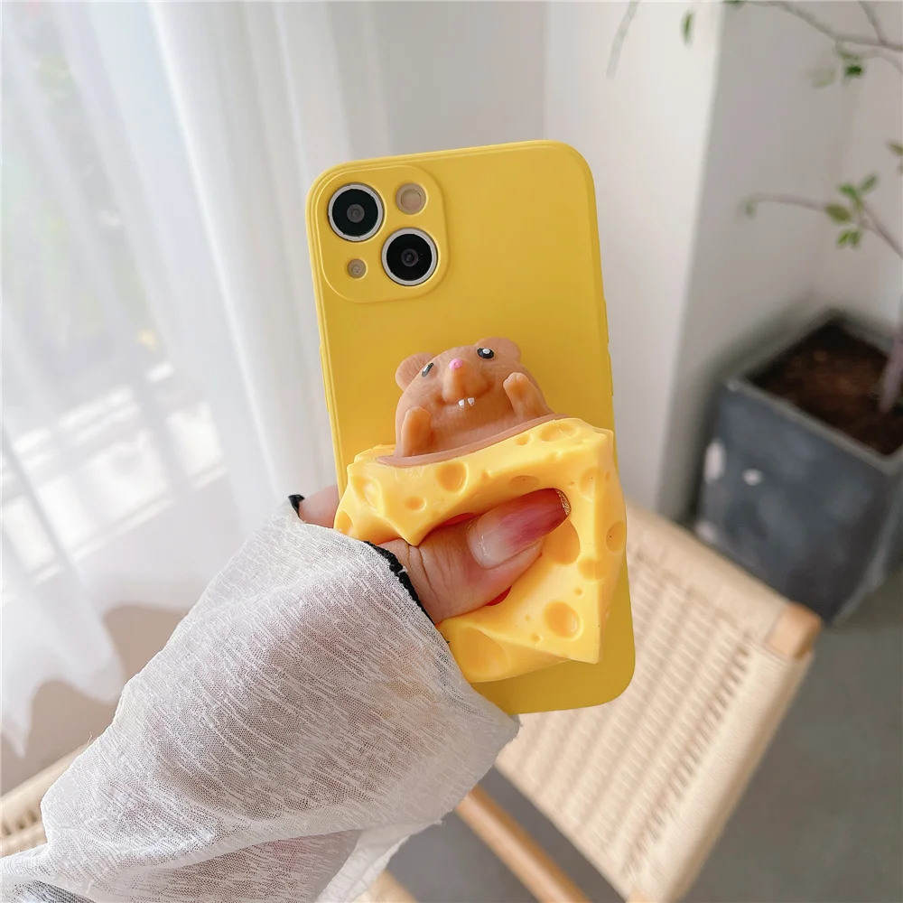 Cute Soft Yellow Cheese Mouse Bracket Case For iPhone 14 13 Pro Max 12 11 X XS XR 7 8 Plus Camera Lens Protective Silicone Cover