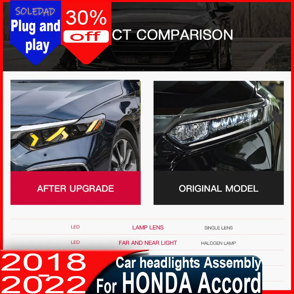 For Honda Accord 2018 2019 2020 2021 2022 Headlight Upgrade Modified to New DRL Dynamic Turn Signal LED Auto Accessories