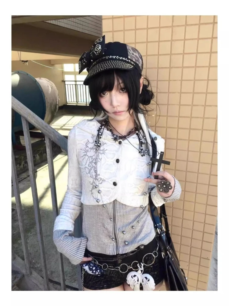 Autumn Japanese Y2k Retro Hooded Sweatshirts Women's Punk Subculture Patchwork Knit Cardigan 2000s Streetwear Print Clothes New