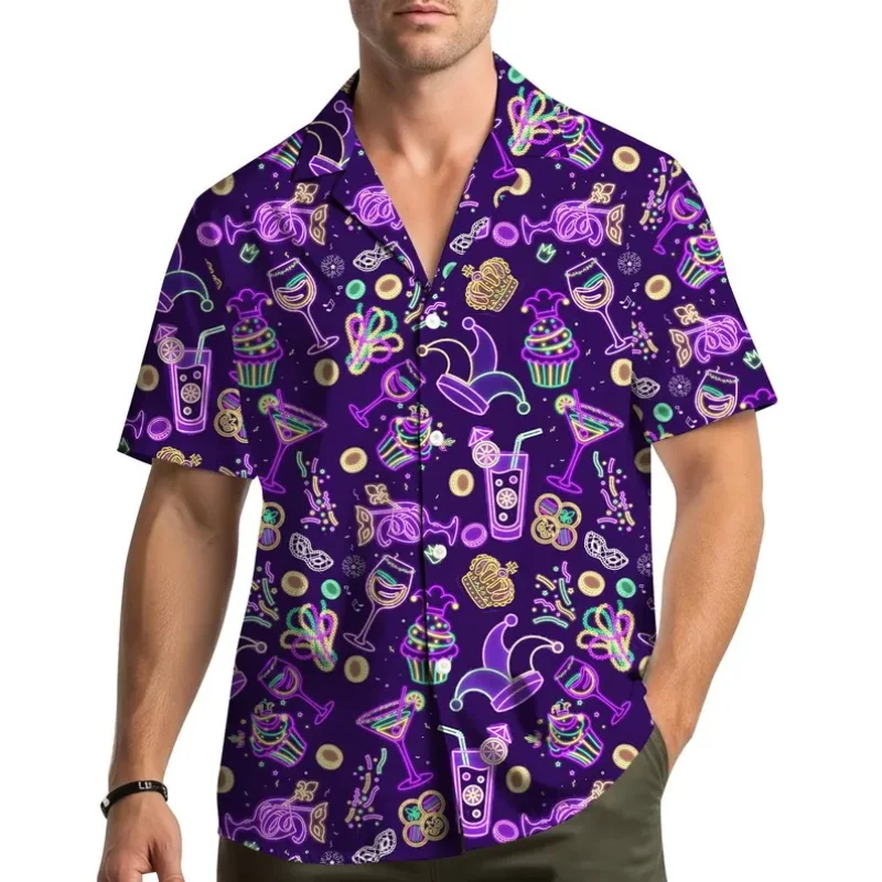 

Гавайская рубашка для мужчин в стиле Марди Гра с ярким принтом масок и лент, костюм на День жирных понедельников для мужчин и женщин, пляжная рубашка с коротким рукавом