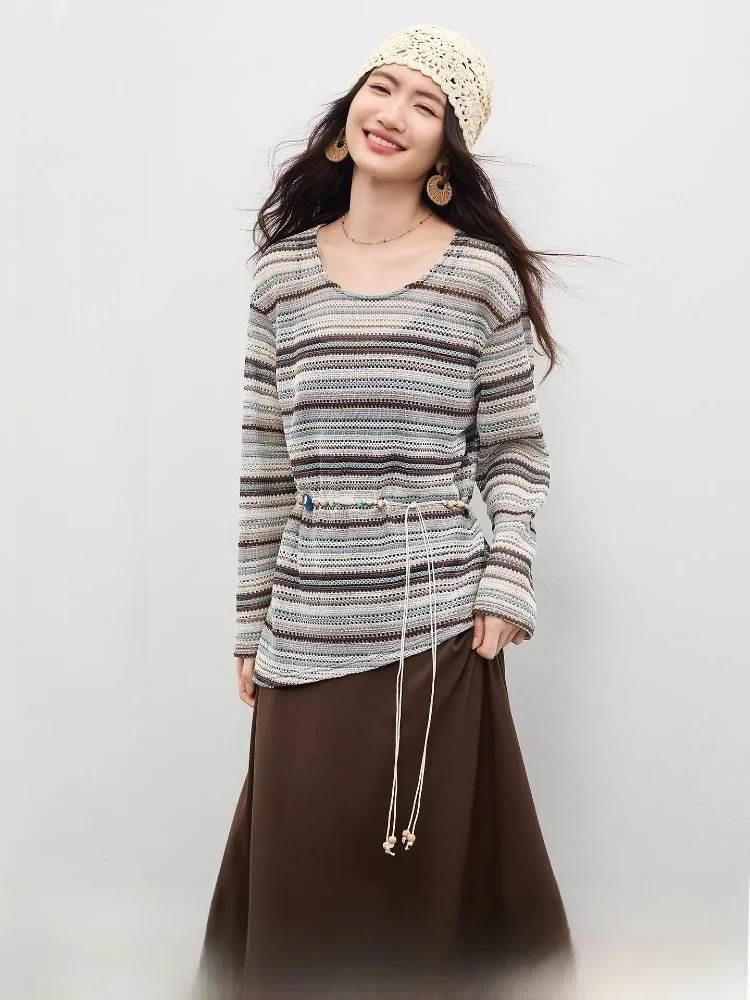 

Женский комплект: платье с длинным рукавом и бретельками, свободного кроя, с полосками и вырезами, весна 2026, повседневный стиль