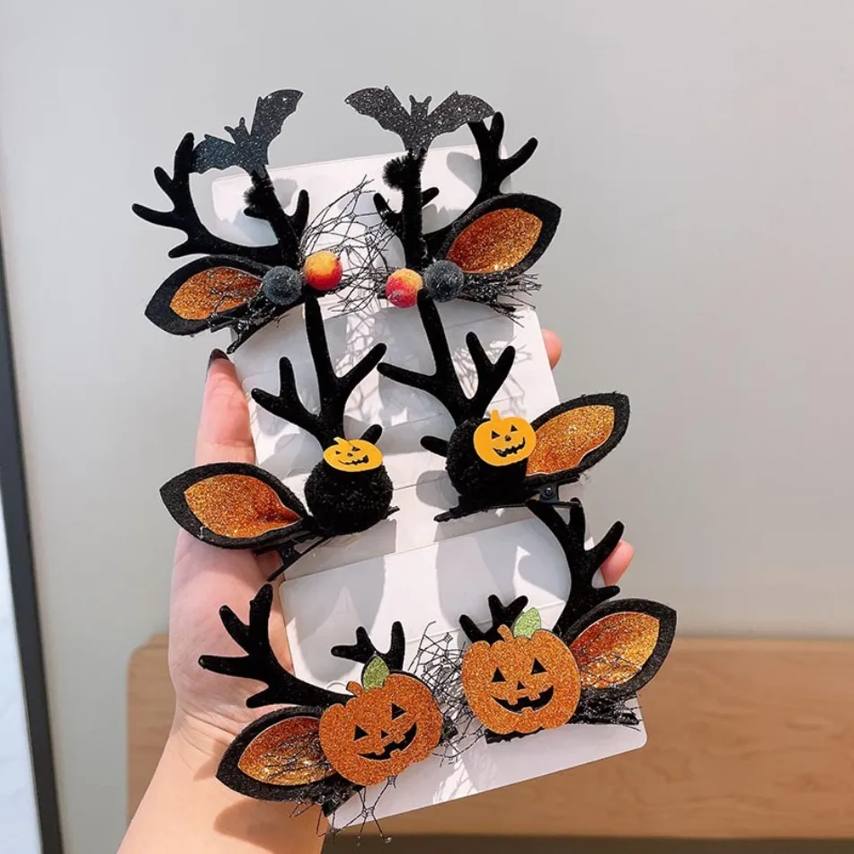 

Halloween Children Hair Accessories Black Pine Cone Antlers Hairpin Funny Pumpkin Ghost Party Decoration Elk Hairpin Pair ZX07
