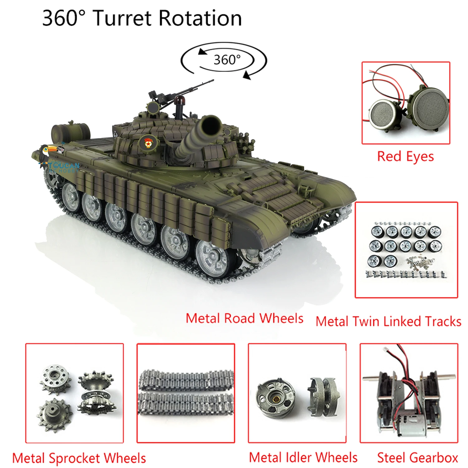 Pro Ver Heng Long T72 RC Tank 3939 360° Turret 1/16 TK7.0 Metal Tracks Linkages Red Eye Wireless Tracked Army Toys BB TH20577