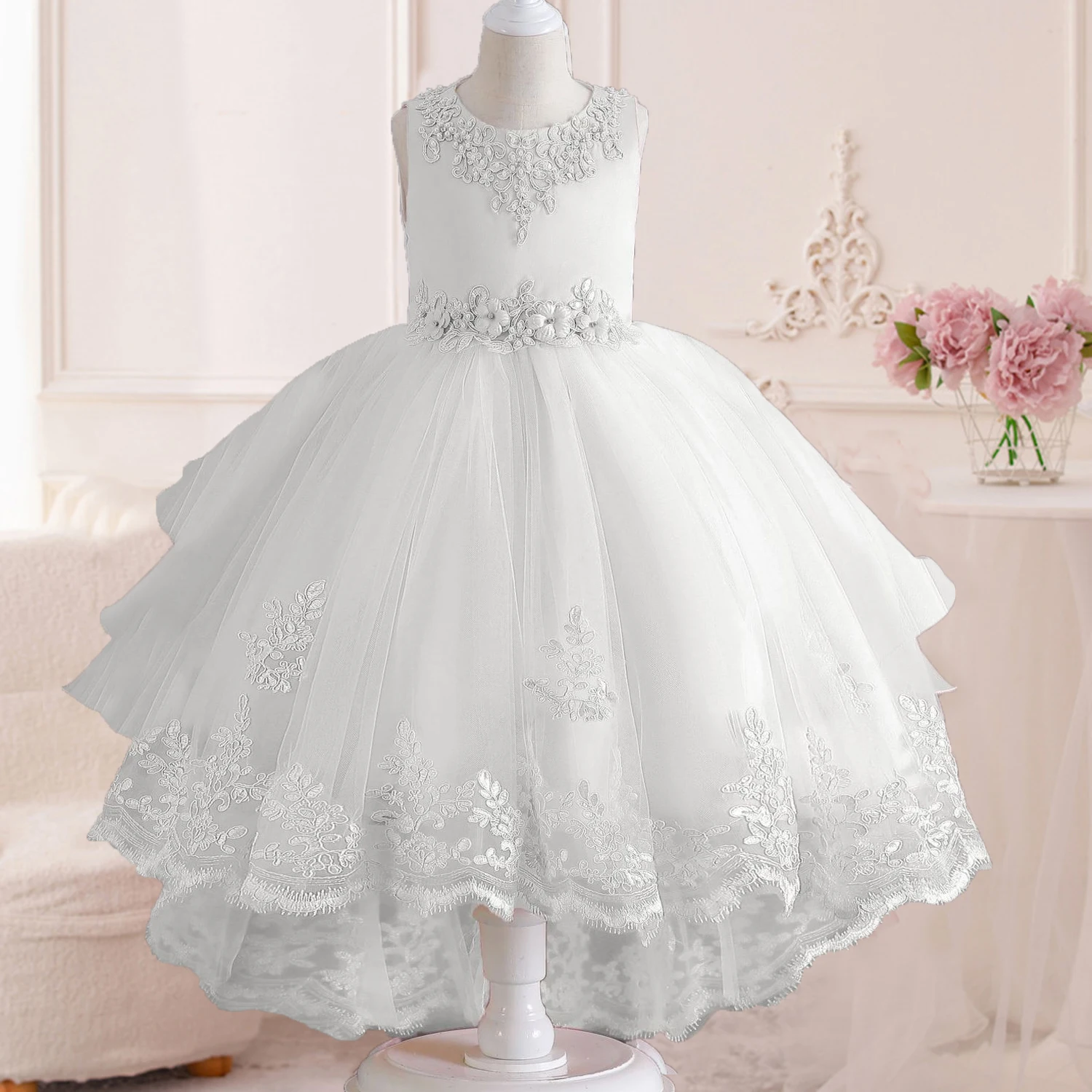 Little Girls Lace Embroidered Flower Girl Dress Birthday Party Pageant Hi-Lo Gown AT122