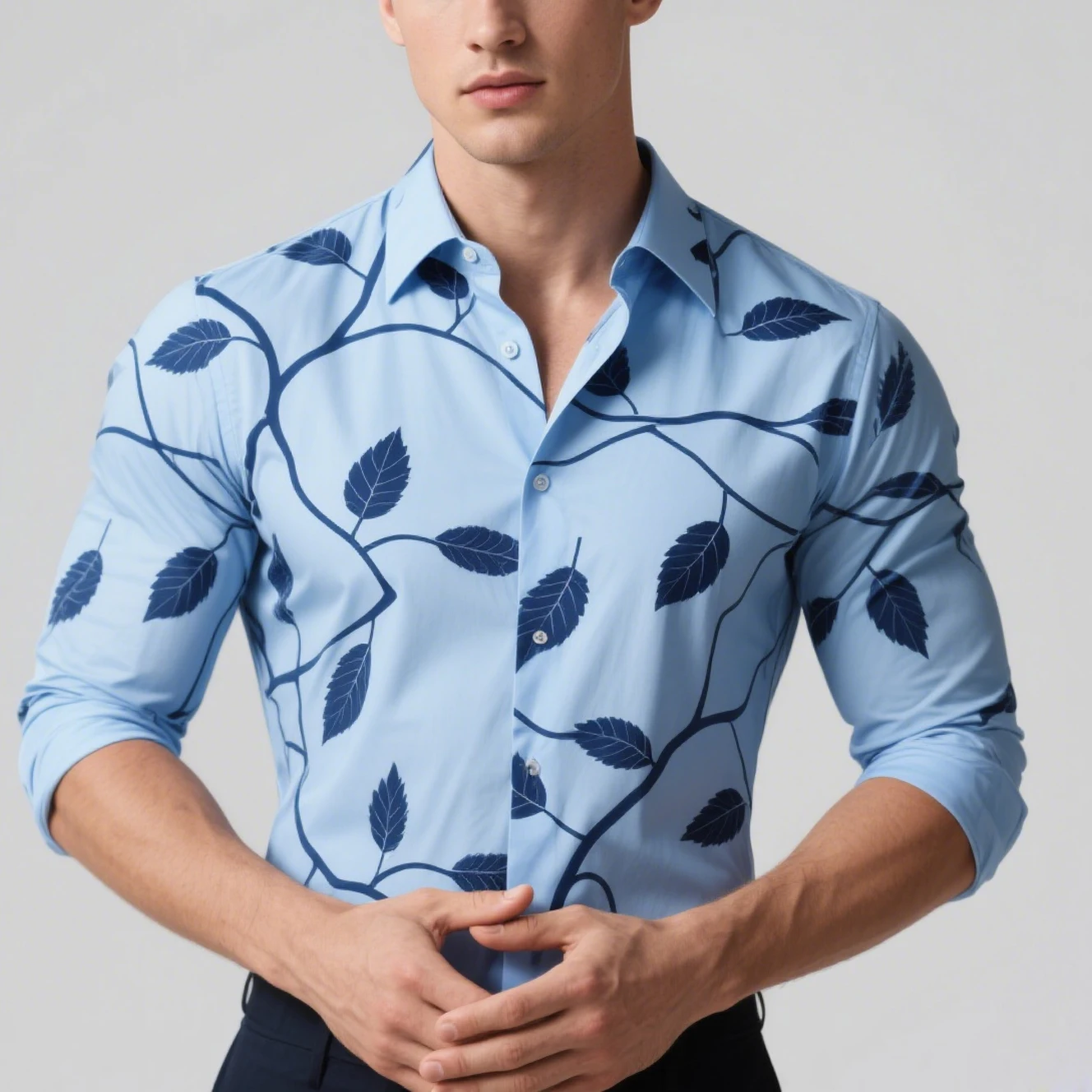 Camisa con estampado de hojas de plantas de color claro para hombre, camisa estampada con imagen geométrica, solapa de manga larga, top informal de negocios sencillo para fiesta al aire libre