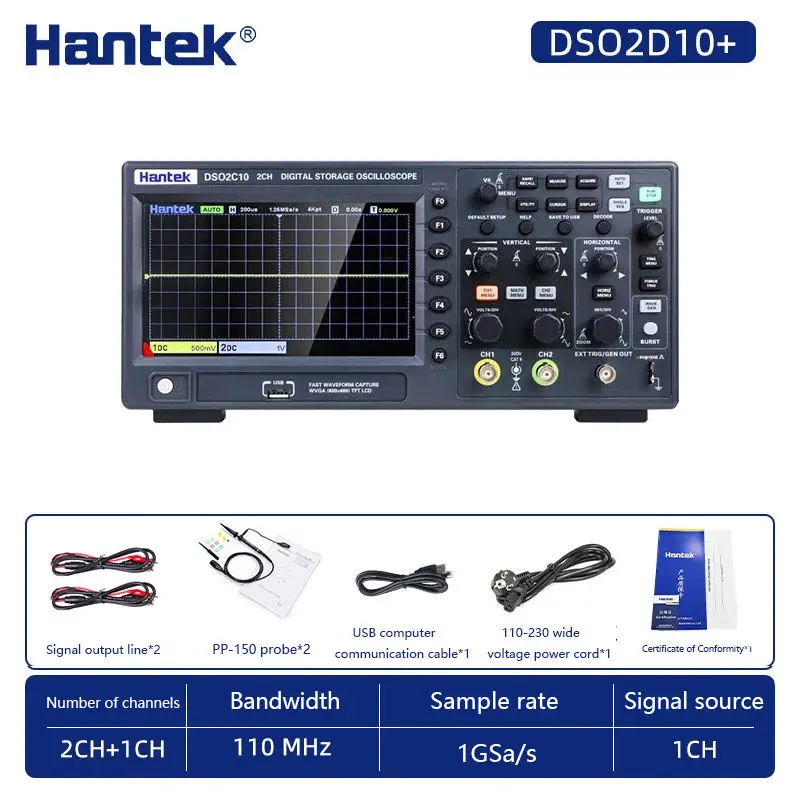 Hantek Bandwidth 110MHz Dual Channel Oscilloscope with Built-in 1CH Source, 1GSa/s Sampling Rate, DSO2D10+ Oscilloscope