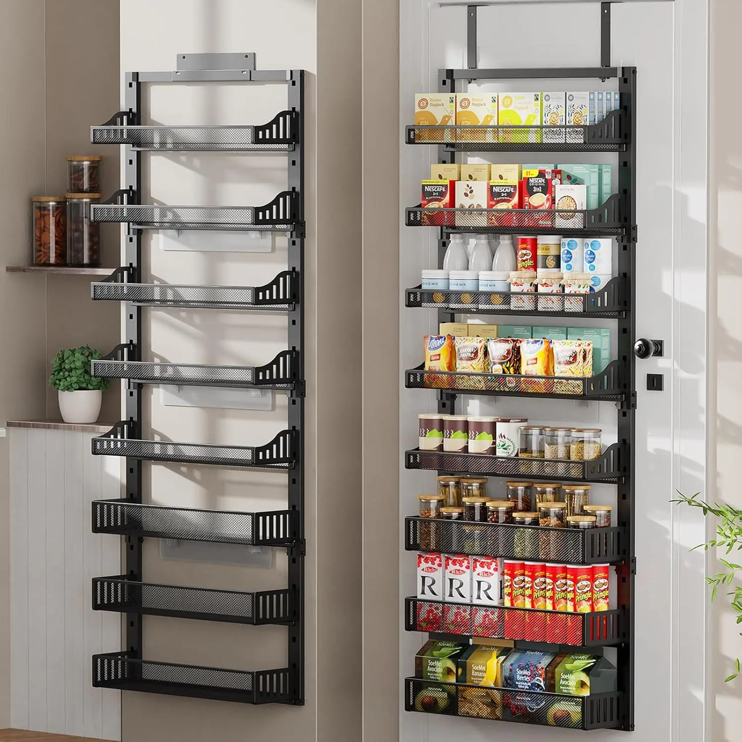 

8-Tier Over the Door Pantry Organizer, Large Metal Door Spice Rack with Adjustable Basket, 2 in 1 Wall Mount or Hanging