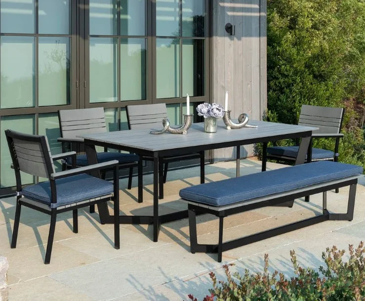 Outdoor Furniture Modern Extendable Glass Aluminum Dining Set  for Hotels Courtyards Parks with Stackable Chairs and Bench