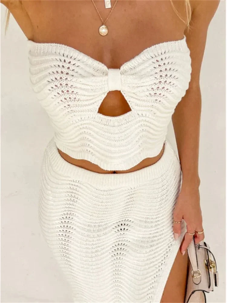 

Tossy Female Knit Off-Shoulder Midi Skirt 2 Piece-Set High Split Long Skirt And Hollow Out Tube Tops Sets Elegant Ladies Outfits
