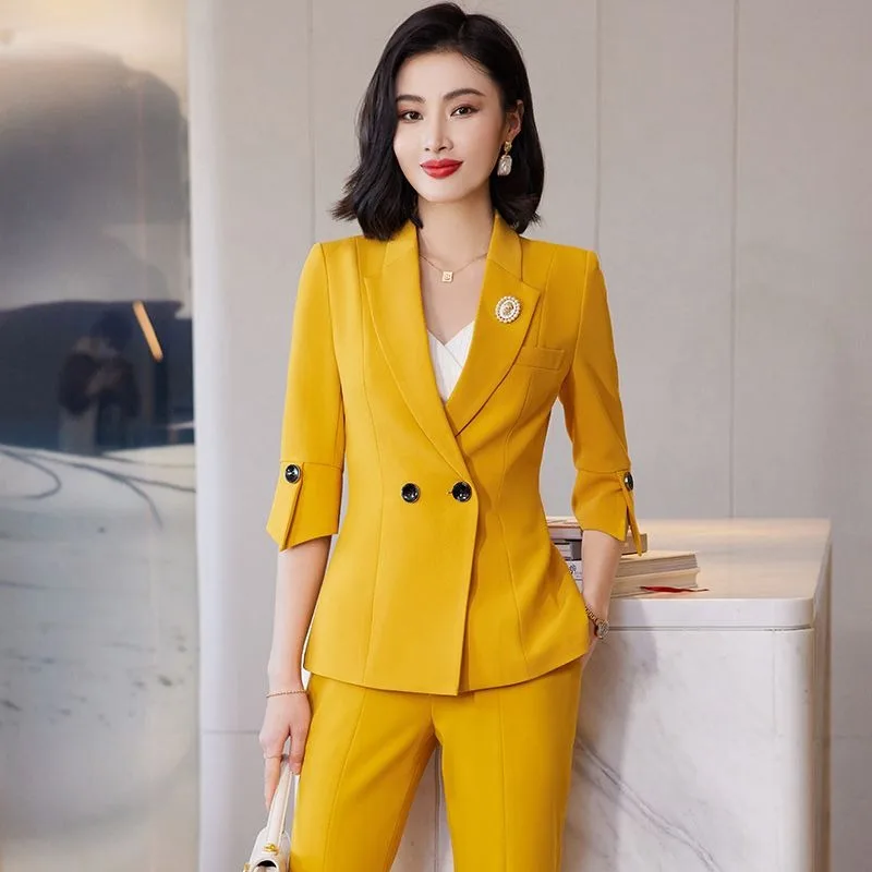 

Lnsozkdg Spring Slim Blazers for Women 2024 Office Ladies New Fashion Long Sleeve Coats Solid Lapel Double Breasted Pant Suits