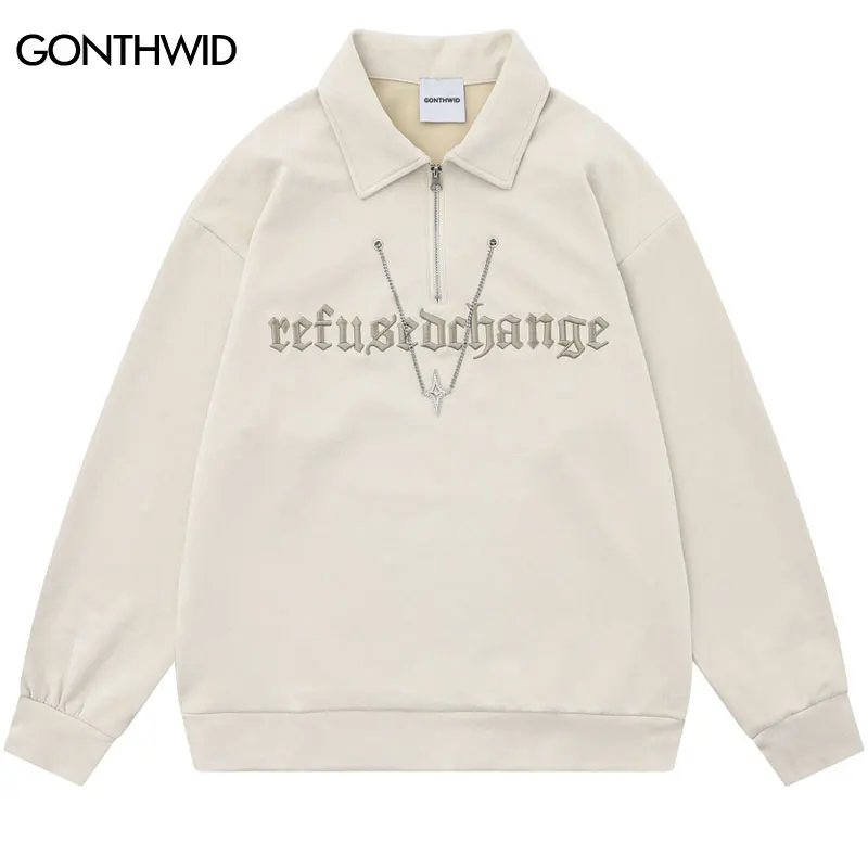 Men 90s Suede Shirts Y2K Harajuku Embroidery Letter Half Zipper Long Sleeve Tshirt with Chain 2024 Men Hip Hop Loose Tops Tee